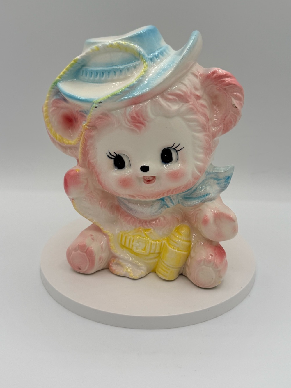 1950’s Vintage Ceramic Pink Bear Figurine Planter with Pastel Hat